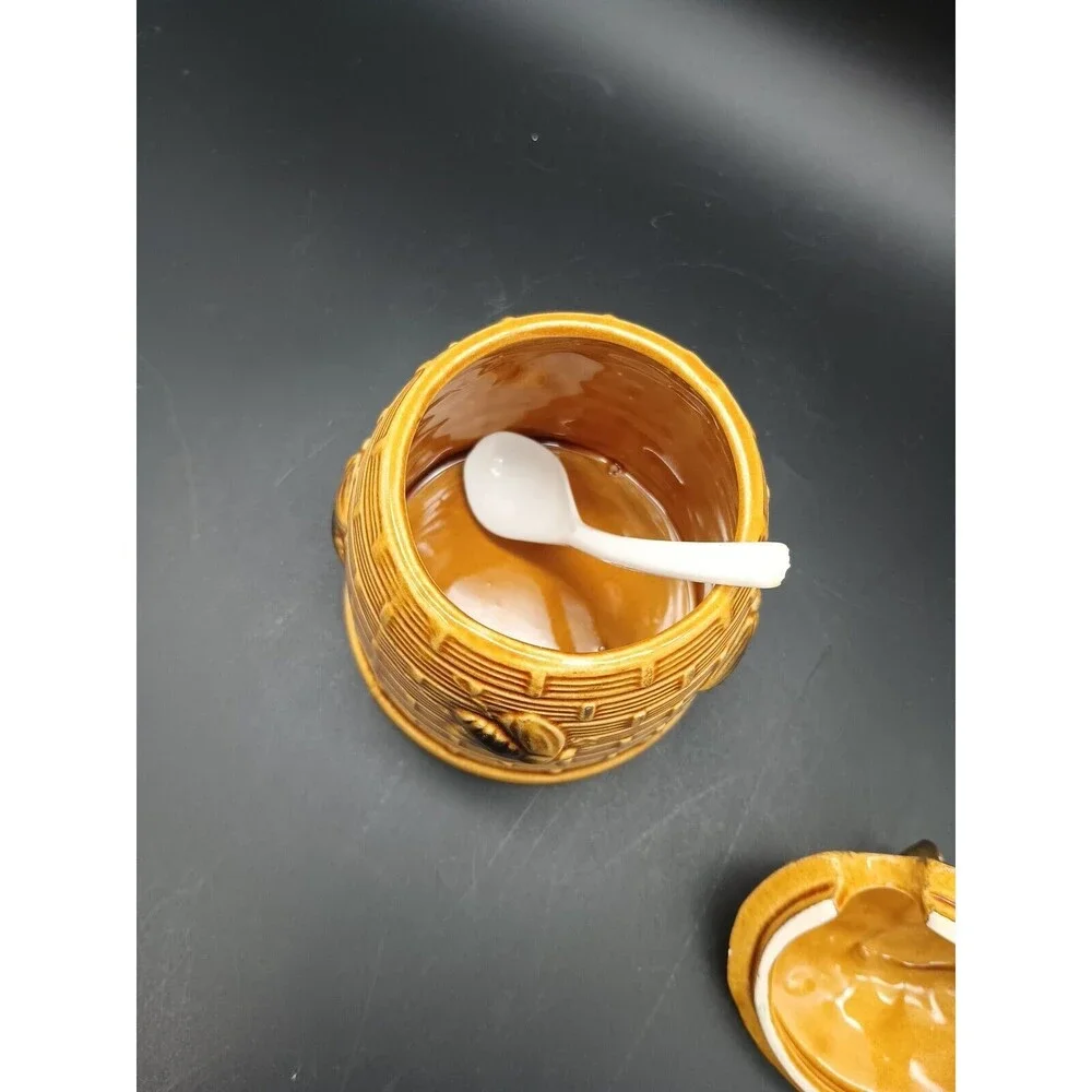 Vtg Bee Hive Honey Pot Jam Jar With Spoon Figural Bees Small Chip